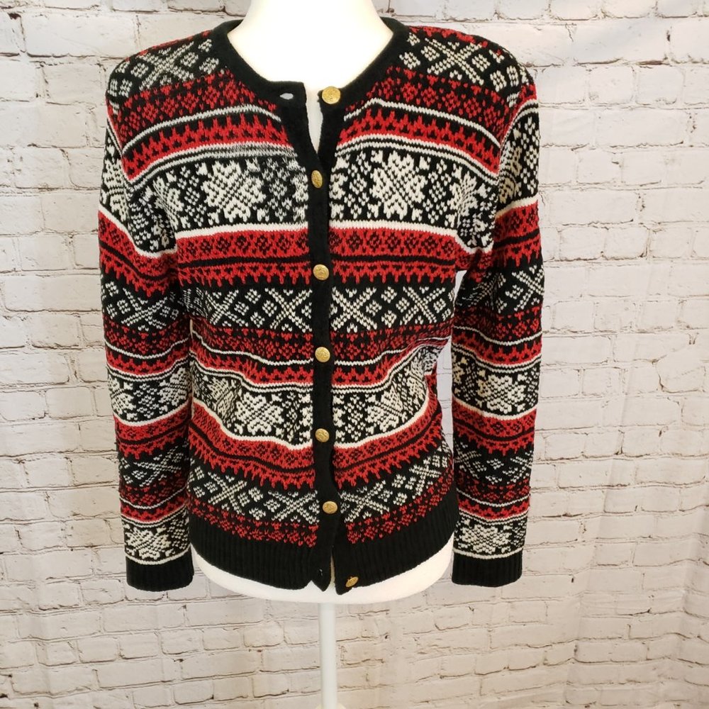 SALE PRICE!!!VINTAGE BLACK/RED/WHITE  CARDIGAN SOFT WITH GOLD BUTTONS SZ 6/8